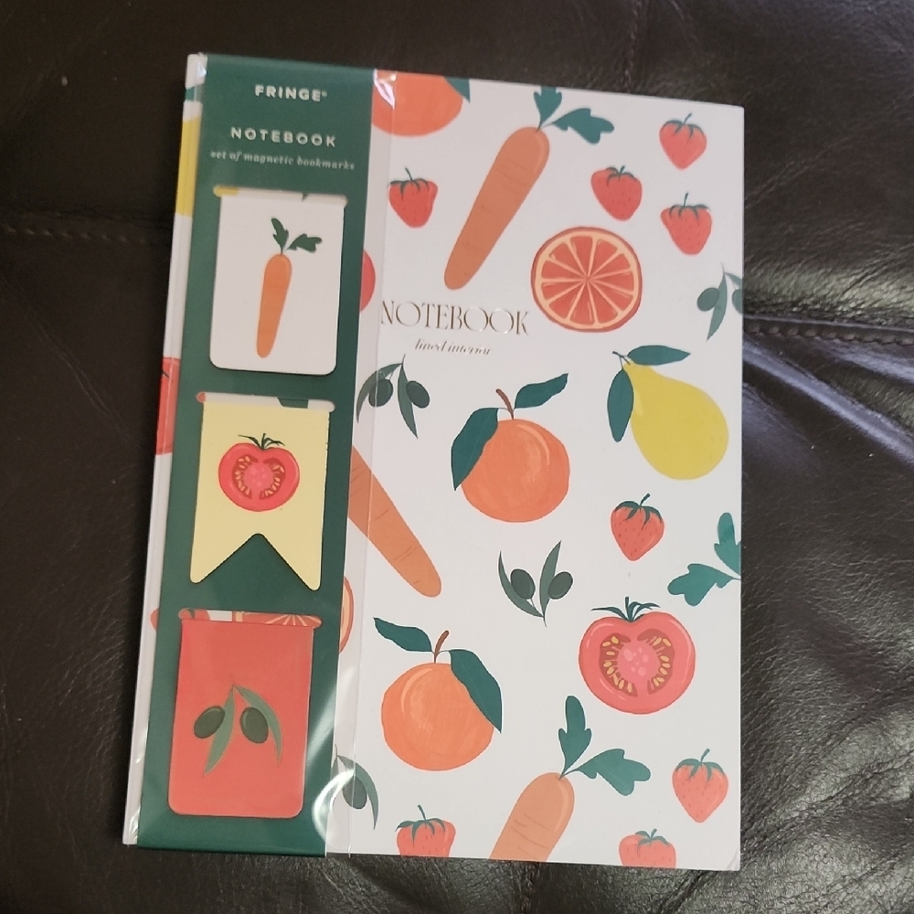 Brand New FRINGE Fruit and Vegetable Themed Notebook with Magnetic Bookmarks